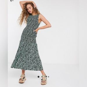 Weekday Josephine paint print shirred midi dress in green